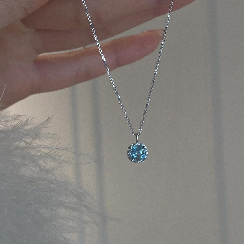 Blue Square Pendant Silver Necklace