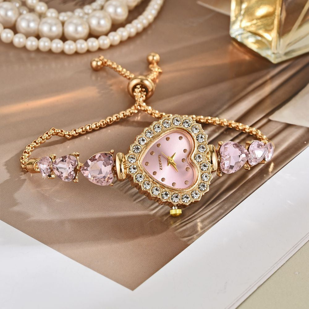 Gold-Tone Heart-Shaped Crystal Bracelet Watch