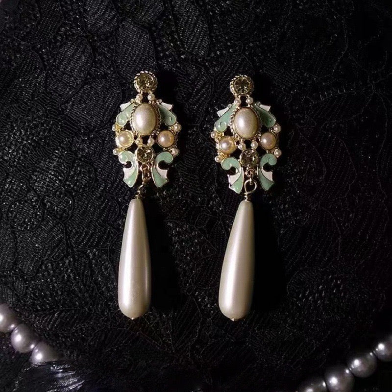 Gold-Tone Mint Enamel & Faux Pearl Dangle Earrings