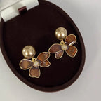 Enamel Flower & Lustrous Pearl Statement Earrings – Vintage-Inspired Gold Floral Drop Earrings