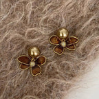 Enamel Flower & Lustrous Pearl Statement Earrings – Vintage-Inspired Gold Floral Drop Earrings