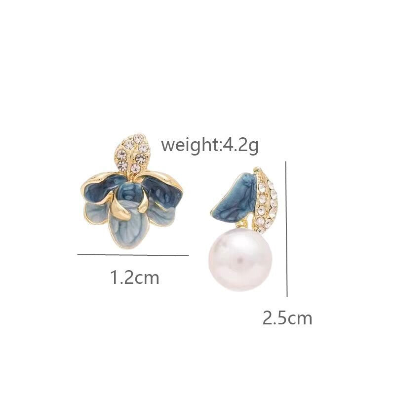 Asymmetric Enamel Flower & Pave Leaf Pearl Drop Earrings
