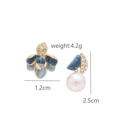 Asymmetric Enamel Flower & Pave Leaf Pearl Drop Earrings