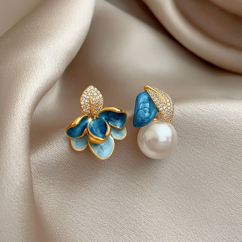 Asymmetric Enamel Flower & Pave Leaf Pearl Drop Earrings