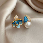 Asymmetric Enamel Flower & Pave Leaf Pearl Drop Earrings