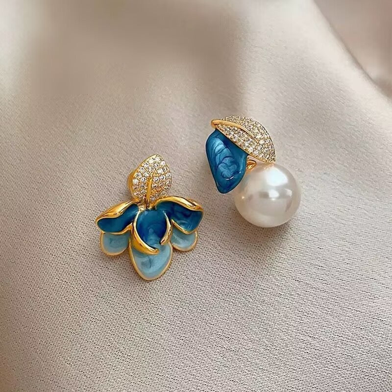 Asymmetric Enamel Flower & Pave Leaf Pearl Drop Earrings