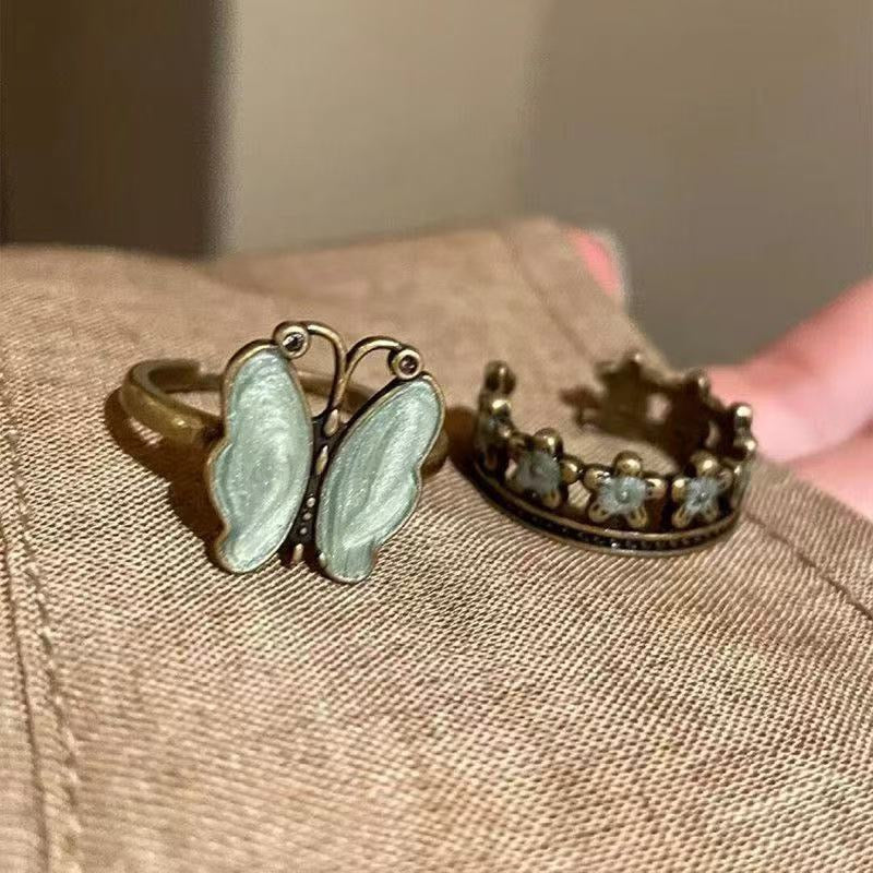 Vintage-Inspired Brass Butterfly & Floral Crown Adjustable Ring Set – Mint Green Enamel Boho Jewelry