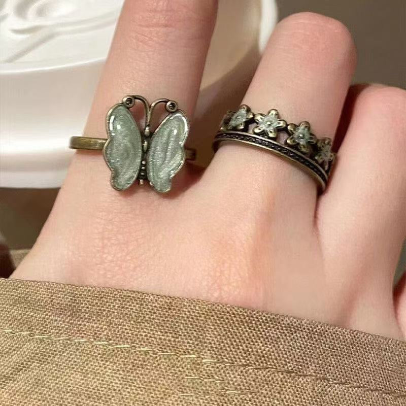 Vintage-Inspired Brass Butterfly & Floral Crown Adjustable Ring Set – Mint Green Enamel Boho Jewelry
