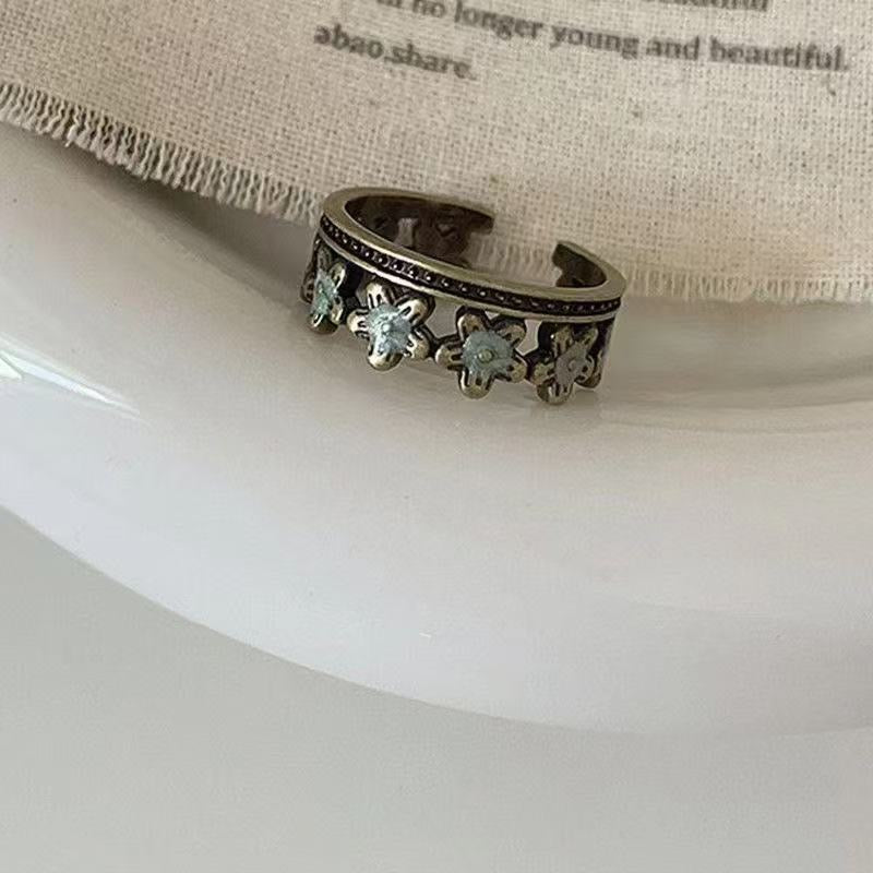 Vintage-Inspired Brass Butterfly & Floral Crown Adjustable Ring Set – Mint Green Enamel Boho Jewelry