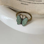 Vintage-Inspired Brass Butterfly & Floral Crown Adjustable Ring Set – Mint Green Enamel Boho Jewelry
