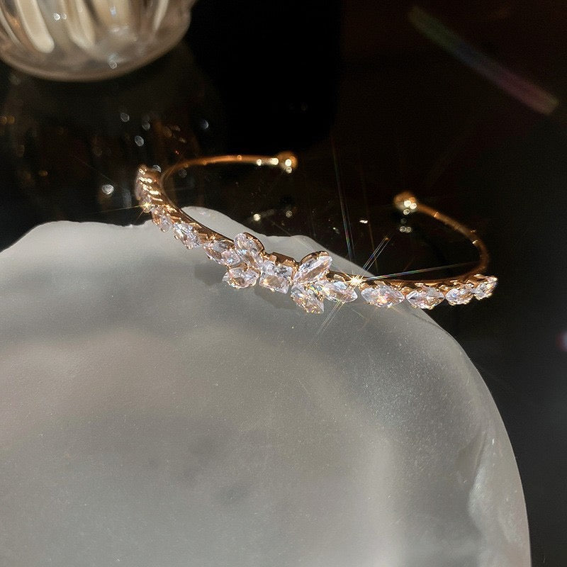 Crystal Butterfly Open Cuff Bracelet – Dainty Marquise-Cut Stone Bangle in Silver Tone