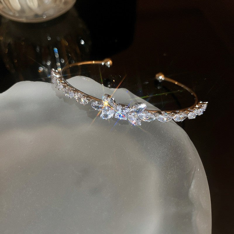 Crystal Butterfly Open Cuff Bracelet – Dainty Marquise-Cut Stone Bangle in Silver Tone