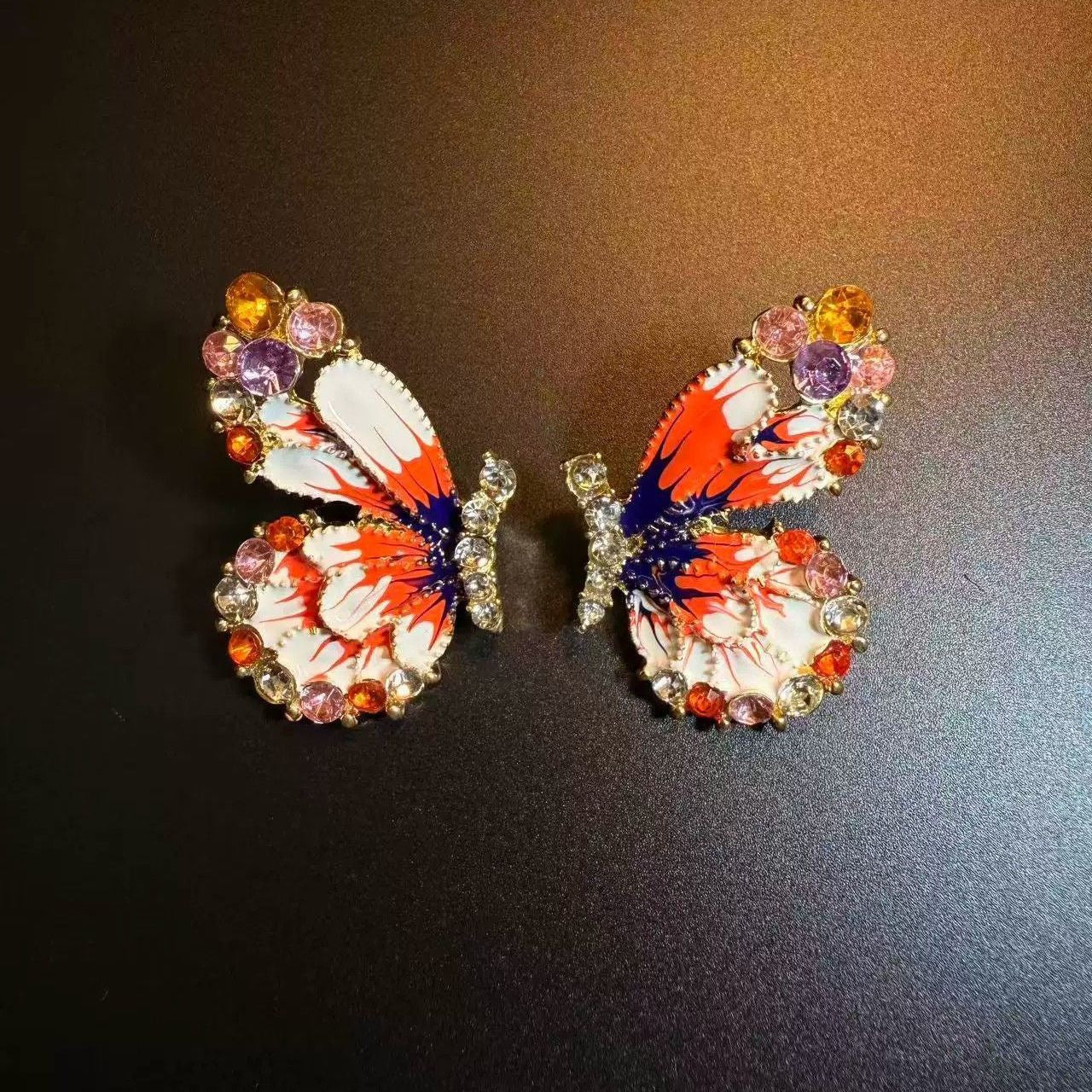 Vibrant Enamel Butterfly Stud Earrings – Gold-Tone with Multi-Color Gemstone Accents