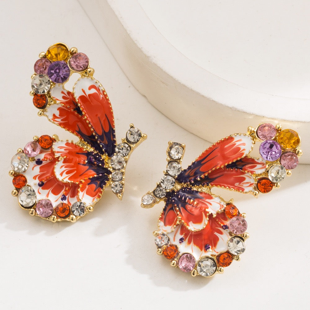 Vibrant Enamel Butterfly Stud Earrings – Gold-Tone with Multi-Color Gemstone Accents