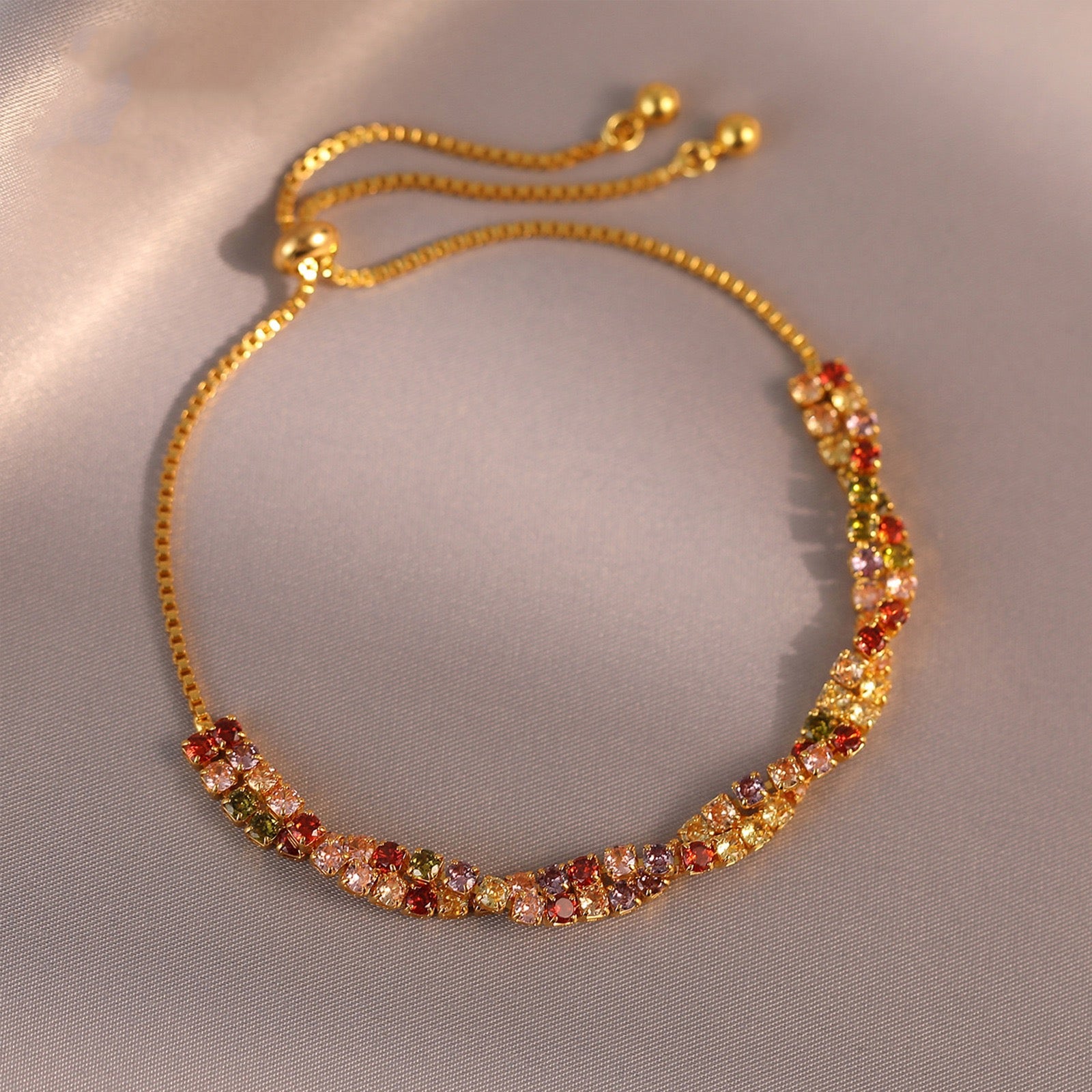 Exquisite Multi-Colored Gemstone Bolo Bracelet in Gold-Tone – Adjustable & Stackable