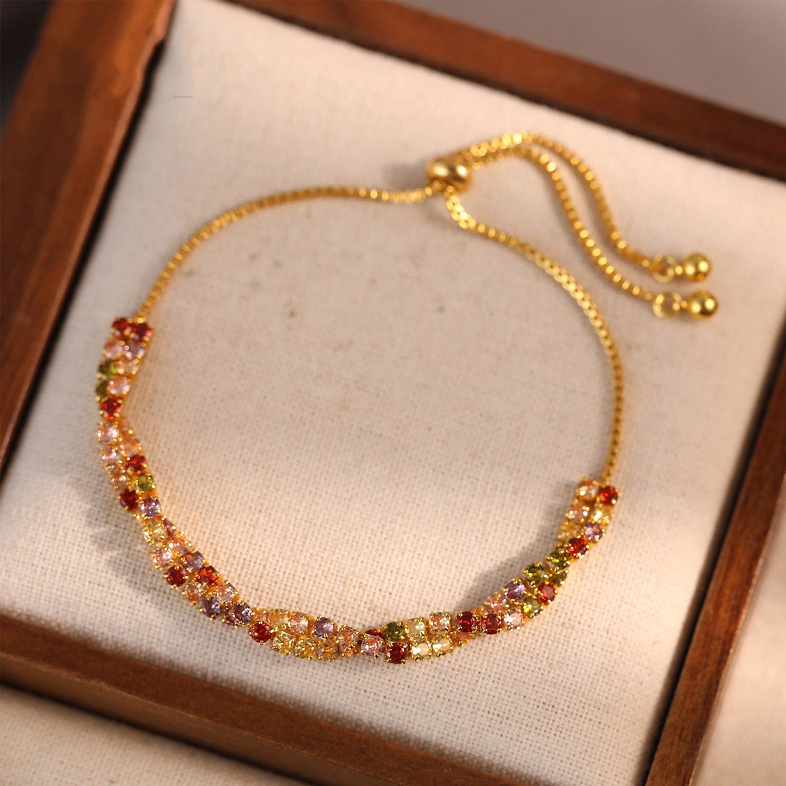 Exquisite Multi-Colored Gemstone Bolo Bracelet in Gold-Tone – Adjustable & Stackable