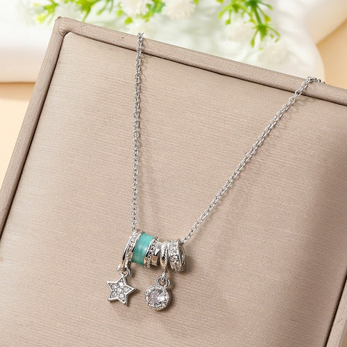 Celestial Charm Pendant Necklace – Silver-Tone with Turquoise Enamel & Sparkling Accents