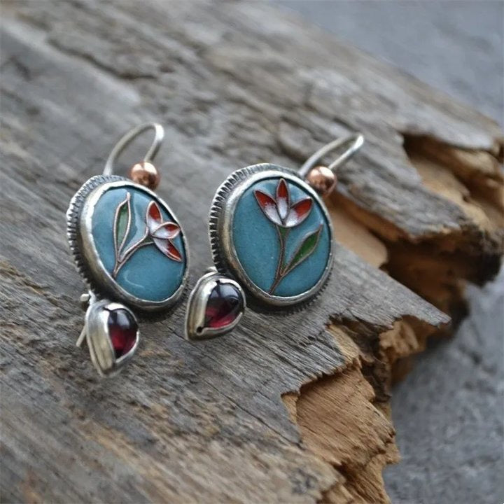 Bohemian Artisan Enamel & Garnet Dangle Earrings – Sterling Silver Floral Motif