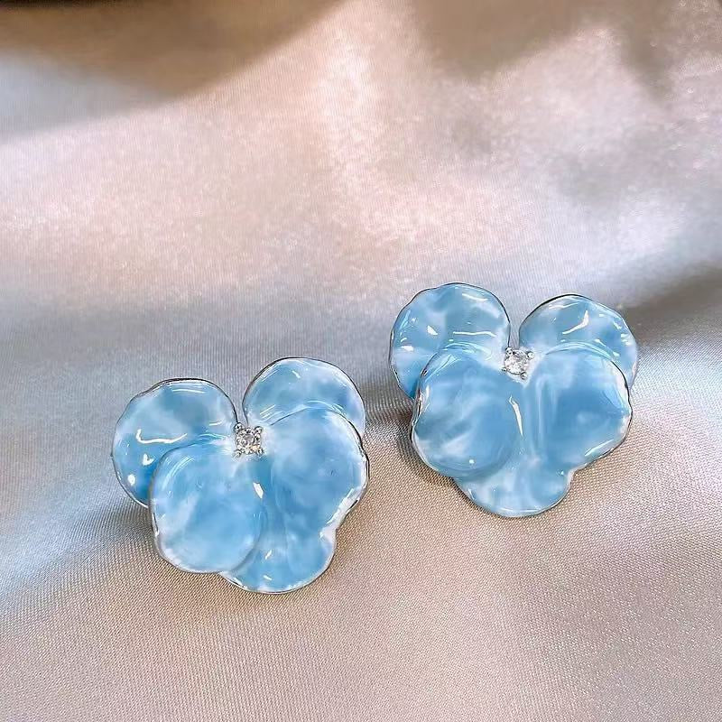 Blue Swirl Enamel & Diamond Floral Stud Earrings