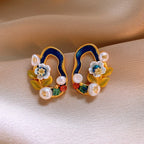 Artisan Botanical Garden Hoop Earrings – Enamel Floral Motif with Baroque Pearls & Gemstones