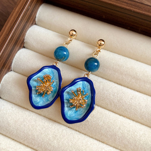 Artisan Marine-Inspired Dangle Earrings – Shimmering Enamel Pendants with Deep Blue Beads