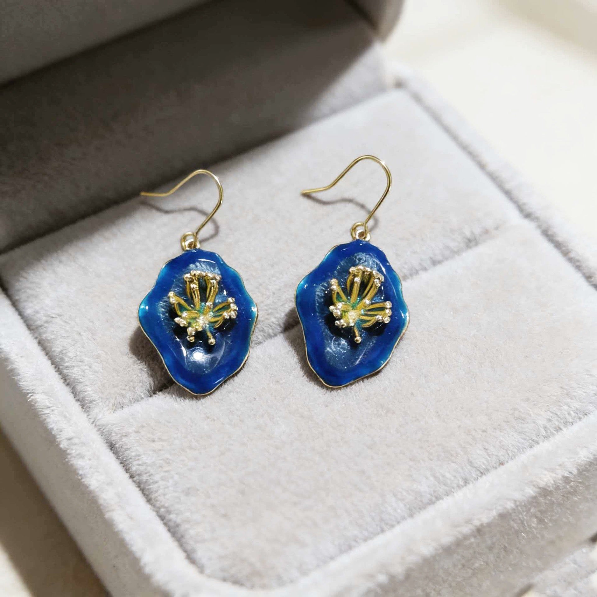 Artisan Organic-Form Blue Enamel Dangle Earrings with Gold Filigree Inlay