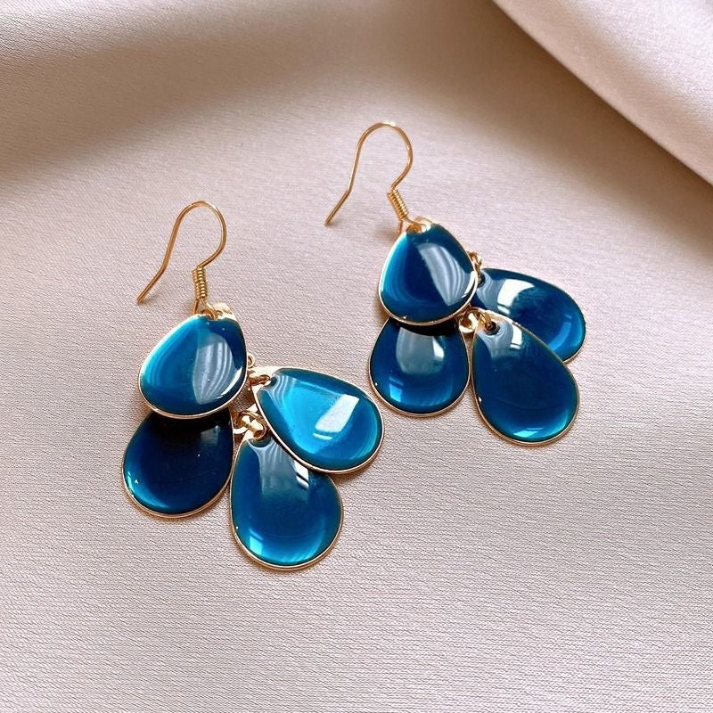 Teal Blue Enamel Cascade Chandelier Earrings – Gold-Plated Teardrop Dangles