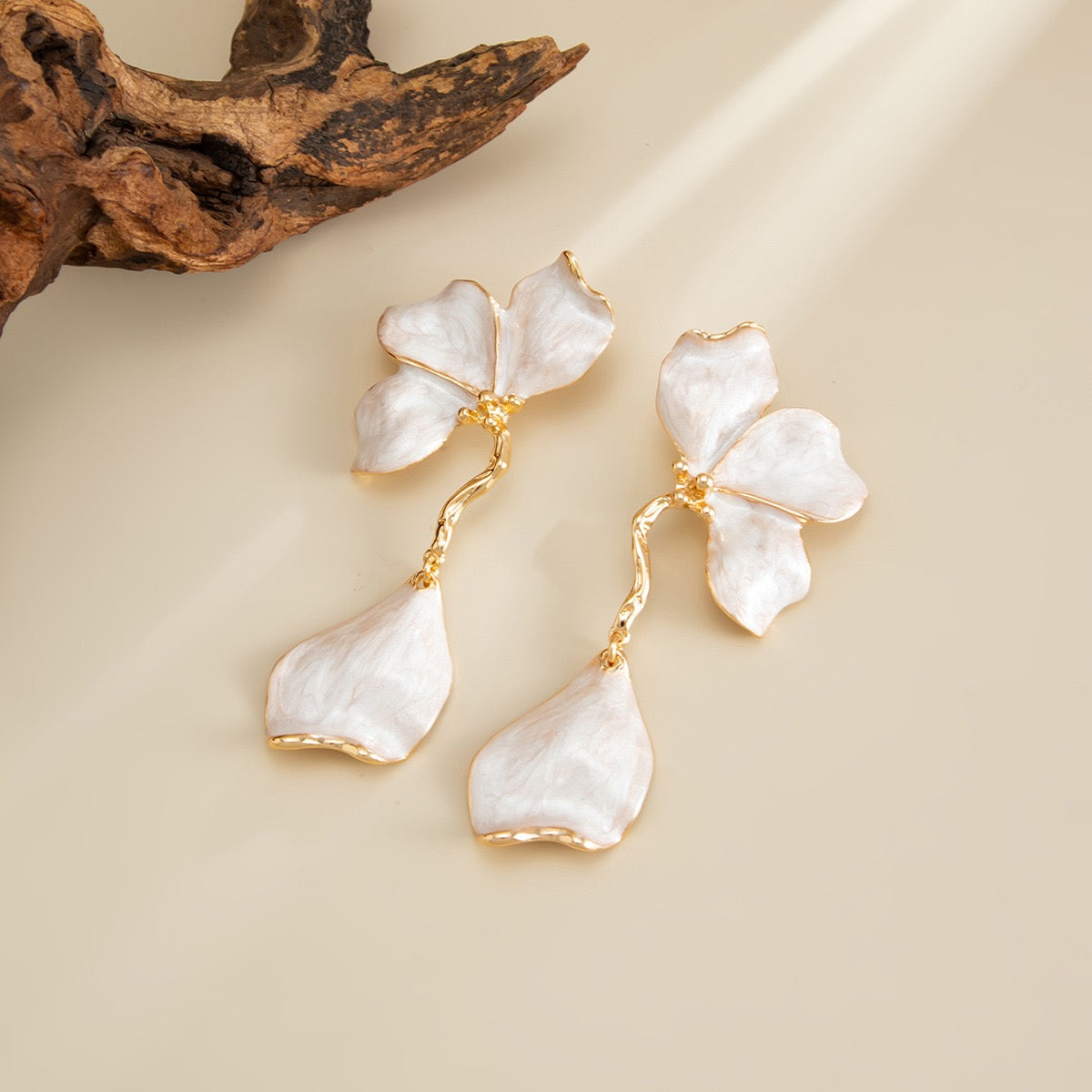 Ethereal Pearlescent Floral Drop Earrings – Gold-Plated Cascading Petal Dangles
