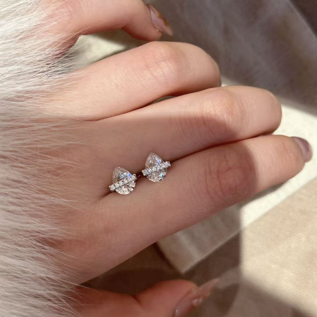 Exquisite Pear-Cut Crystal Stud Earrings with Horizontal Pavé Bar Accents