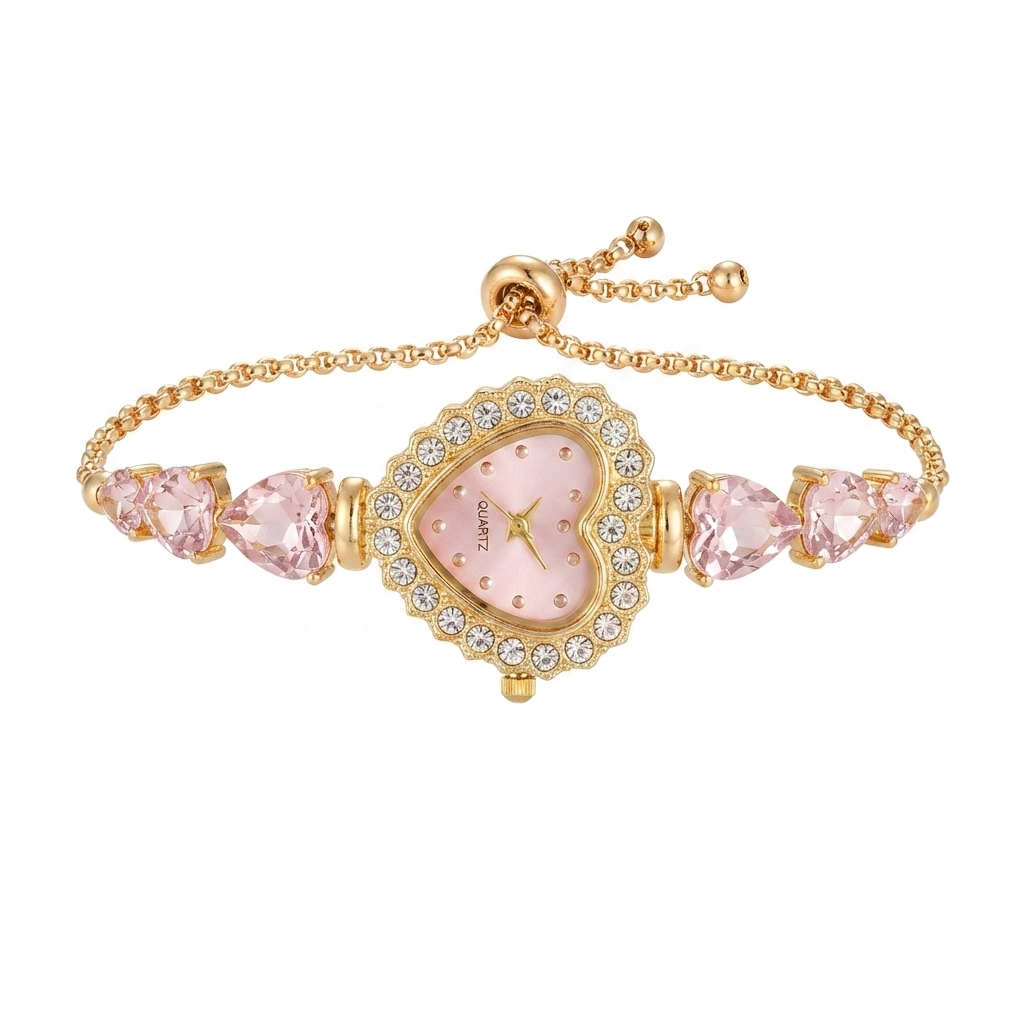 Gold-Tone Heart-Shaped Crystal Bracelet Watch