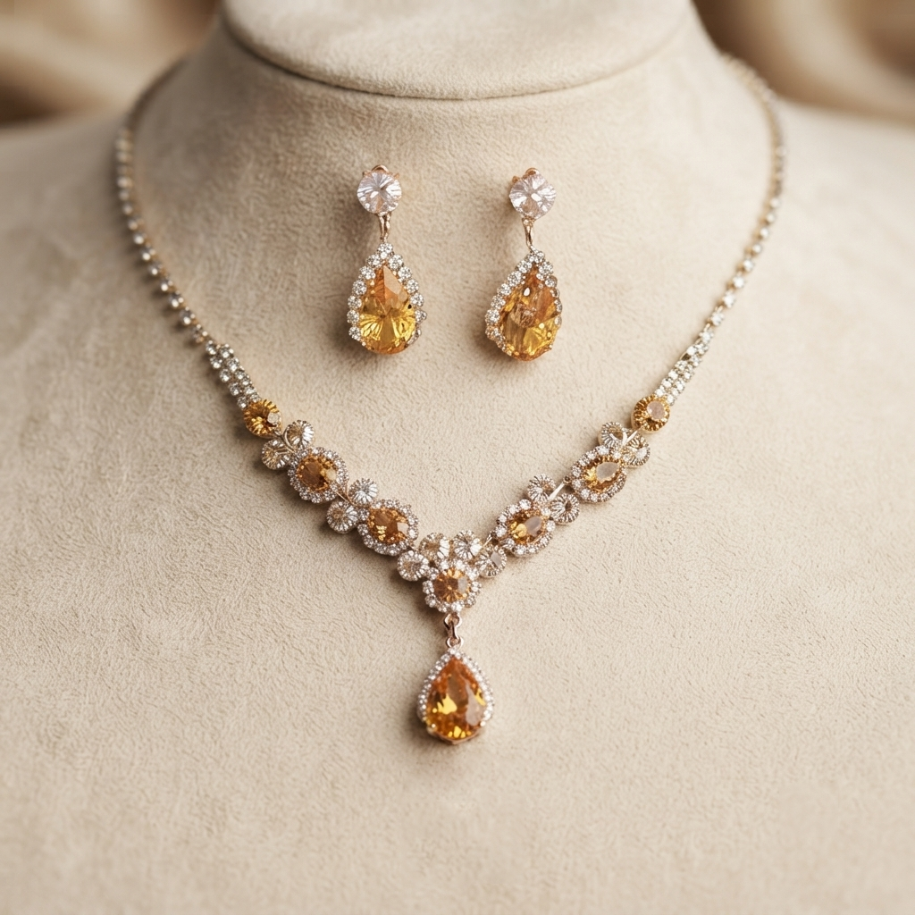 Luxury Pear-Cut Citrine & Pavé Jewelry Set – Elegant Symmetrical Necklace and Earrings