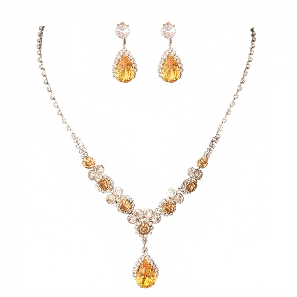 Luxury Pear-Cut Citrine & Pavé Jewelry Set – Elegant Symmetrical Necklace and Earrings