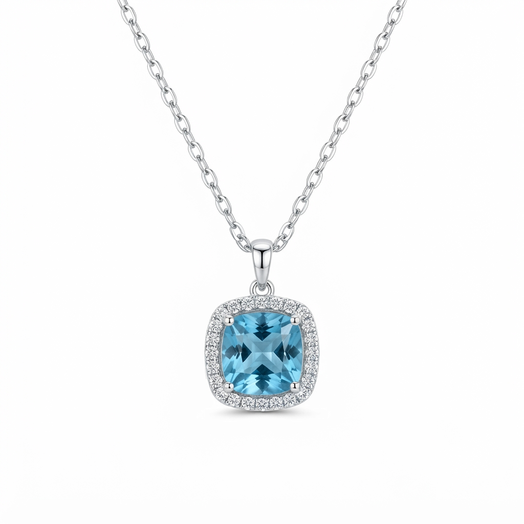 Blue Square Pendant Silver Necklace