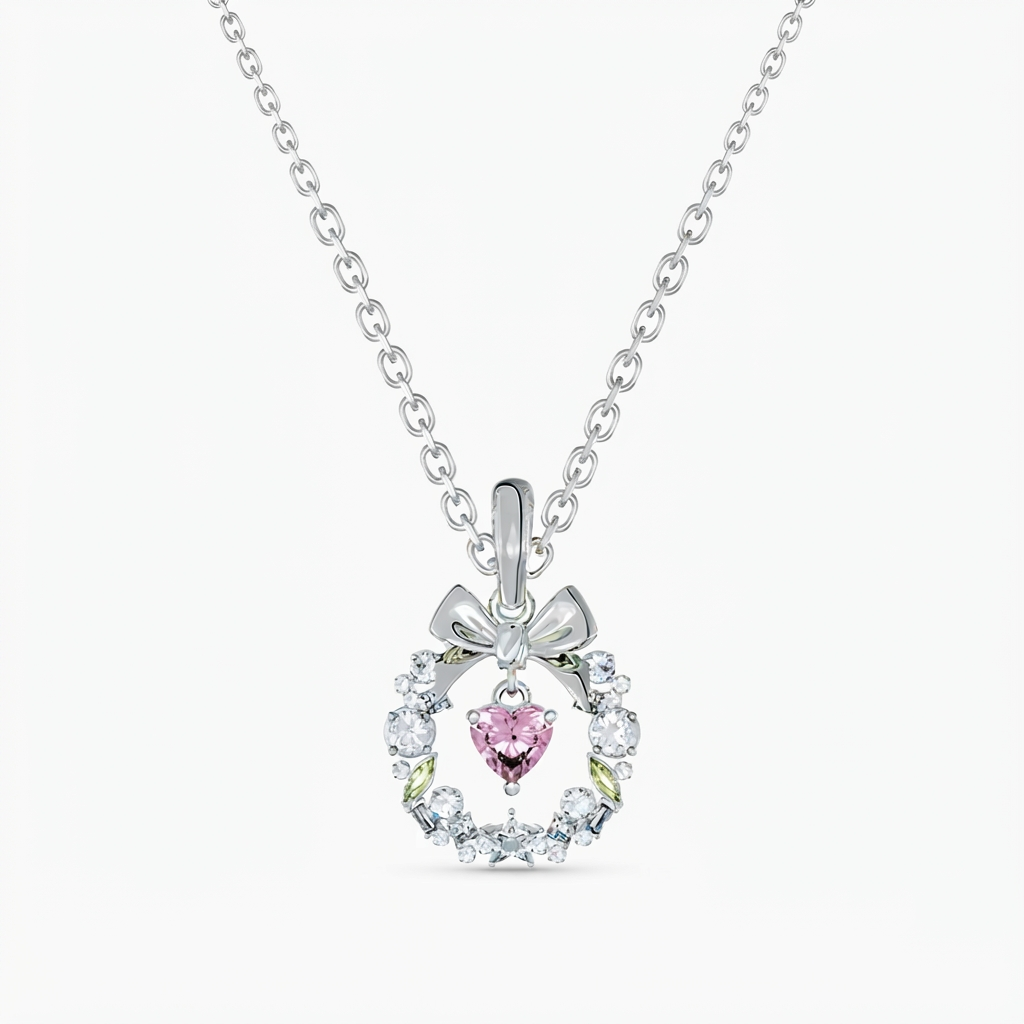 Ethereal Ribbon & Wreath Pendant Necklace – Silver Finish