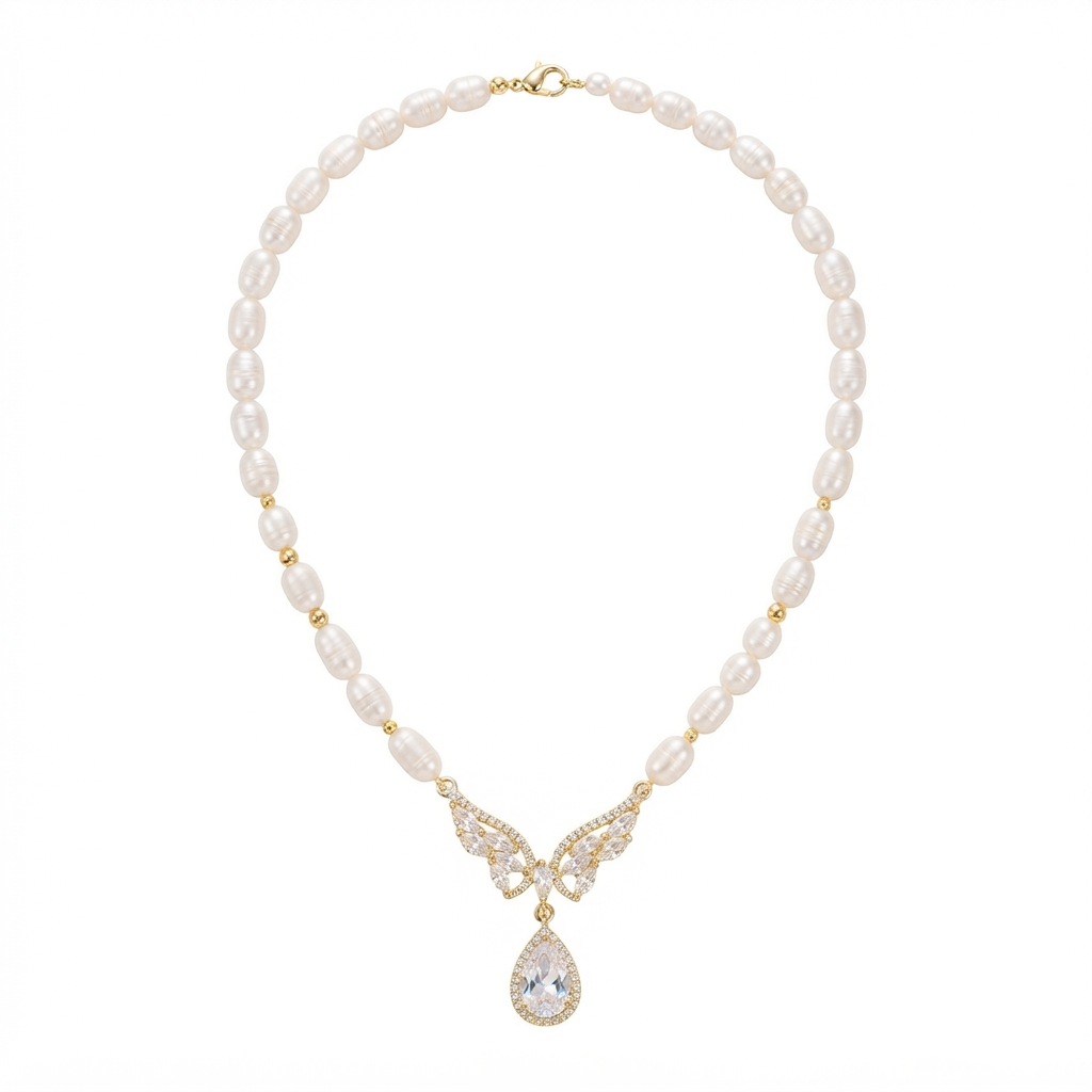 Elegant Baroque Pearl & Cubic Zirconia Winged Statement Necklace – Gold-Tone Bridal Jewelry