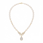 Elegant Baroque Pearl & Cubic Zirconia Winged Statement Necklace – Gold-Tone Bridal Jewelry
