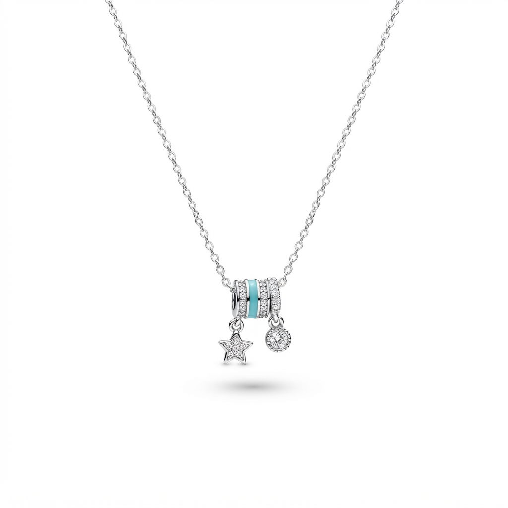 Celestial Charm Pendant Necklace – Silver-Tone with Turquoise Enamel & Sparkling Accents