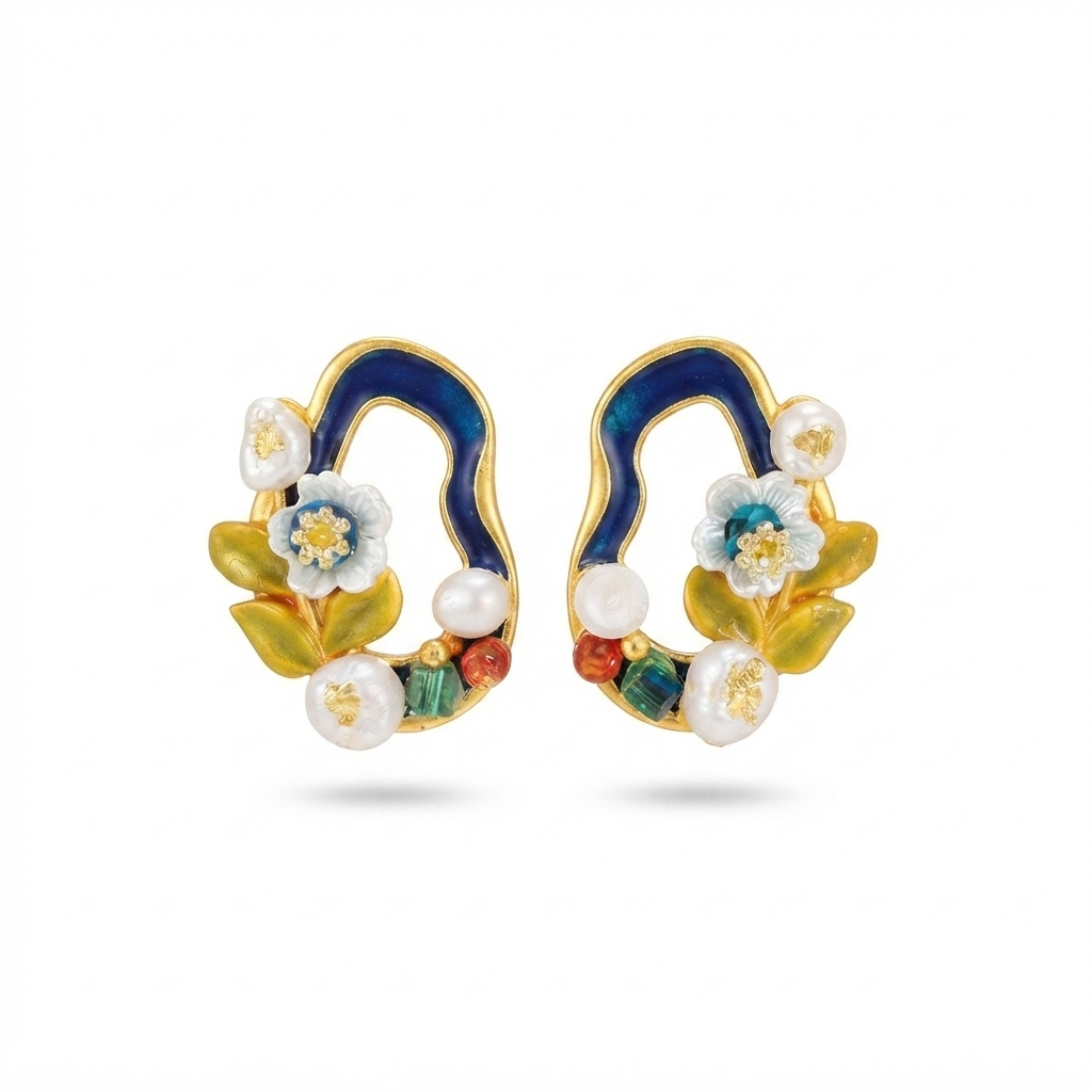 Artisan Botanical Garden Hoop Earrings – Enamel Floral Motif with Baroque Pearls & Gemstones