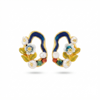 Artisan Botanical Garden Hoop Earrings – Enamel Floral Motif with Baroque Pearls & Gemstones