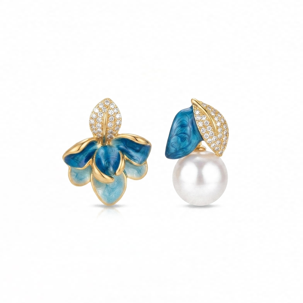 Asymmetric Enamel Flower & Pave Leaf Pearl Drop Earrings