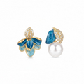 Asymmetric Enamel Flower & Pave Leaf Pearl Drop Earrings