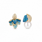 Asymmetric Enamel Flower & Pave Leaf Pearl Drop Earrings
