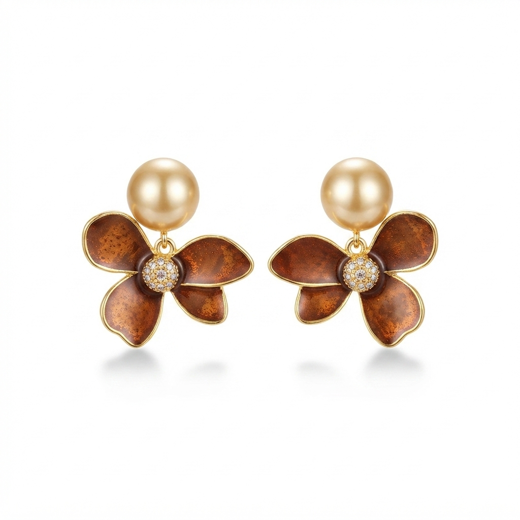Enamel Flower & Lustrous Pearl Statement Earrings – Vintage-Inspired Gold Floral Drop Earrings