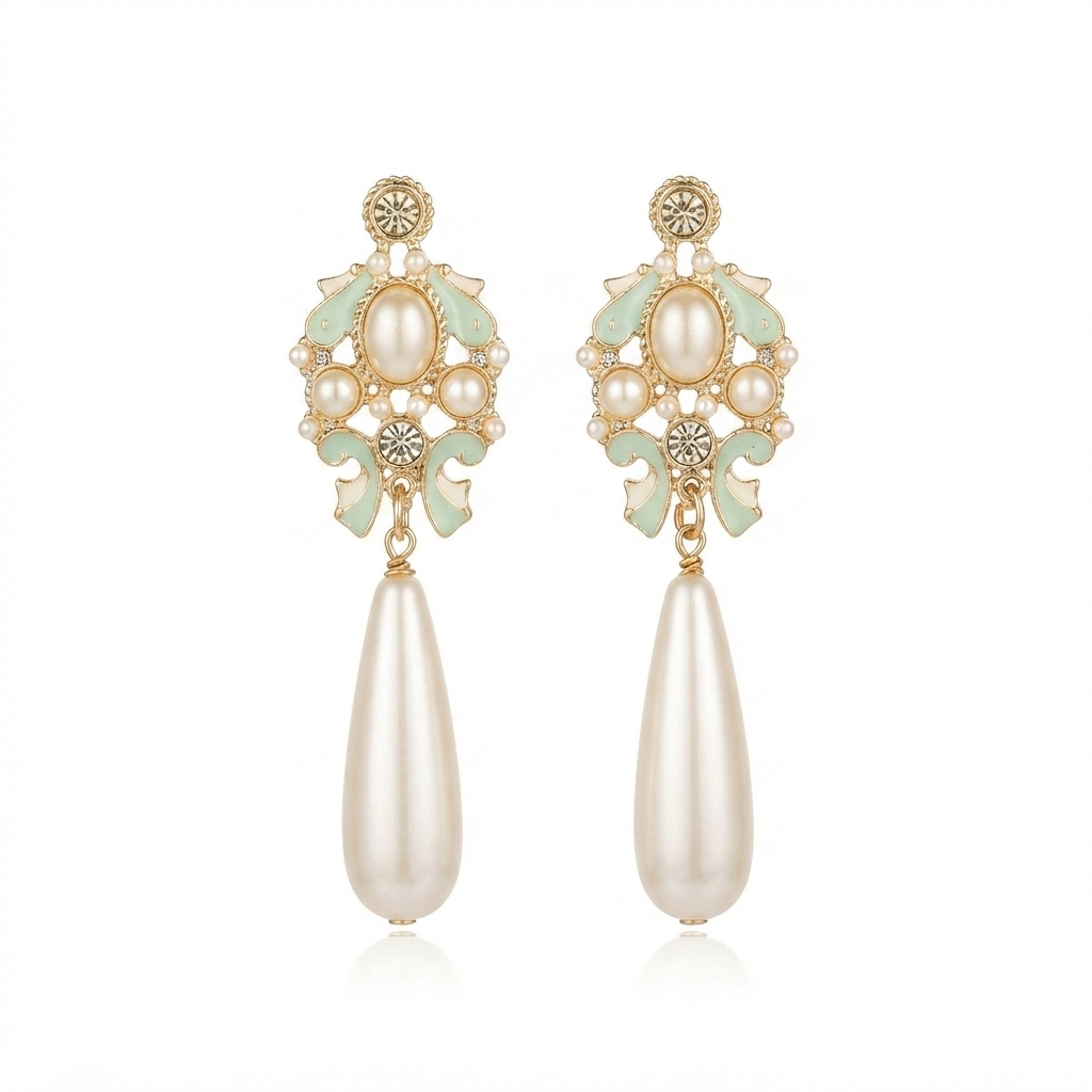 Gold-Tone Mint Enamel & Faux Pearl Dangle Earrings