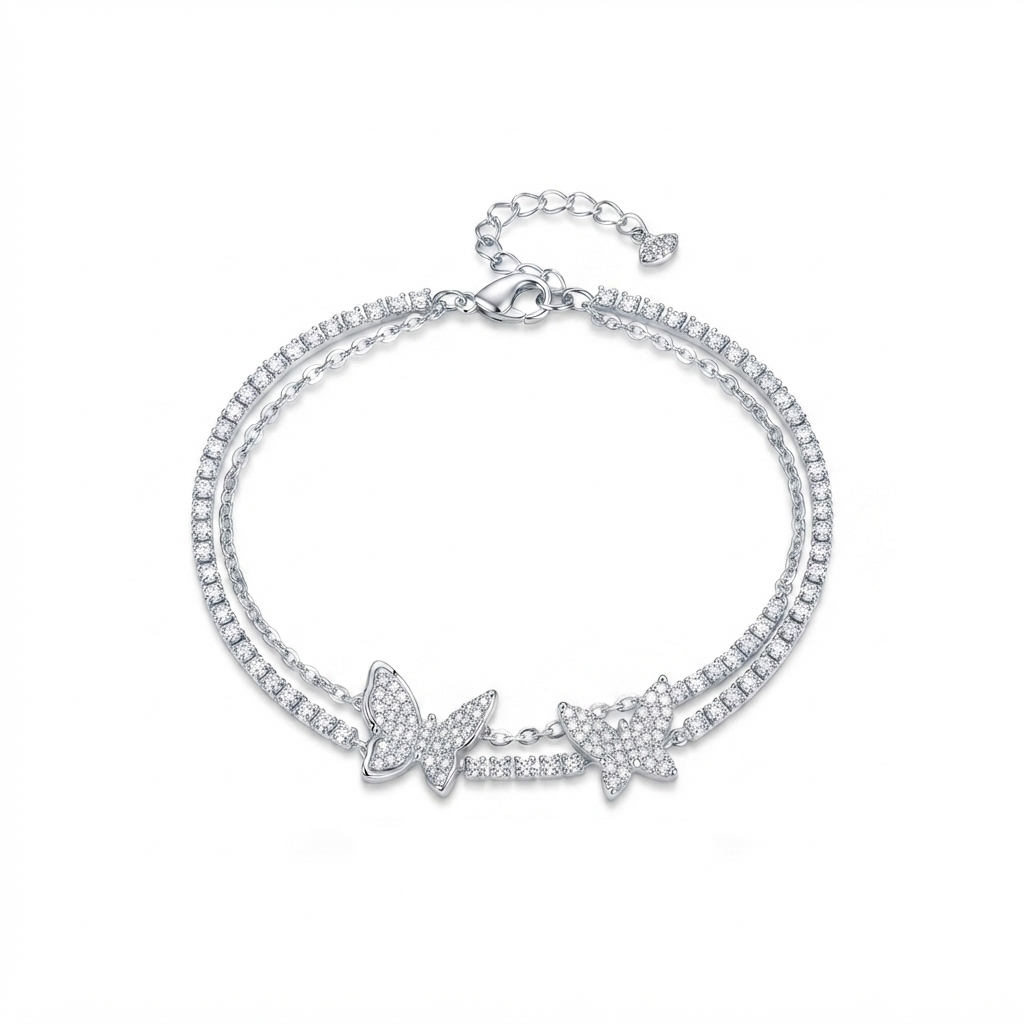Delicate Double-Layer Butterfly Tennis Bracelet – Silver-Tone with Sparkling White Cubic Zirconia