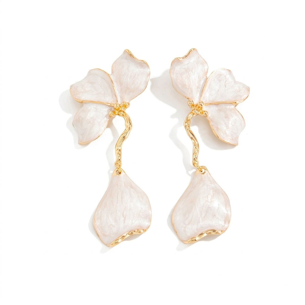 Ethereal Pearlescent Floral Drop Earrings – Gold-Plated Cascading Petal Dangles