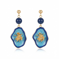 Artisan Marine-Inspired Dangle Earrings – Shimmering Enamel Pendants with Deep Blue Beads
