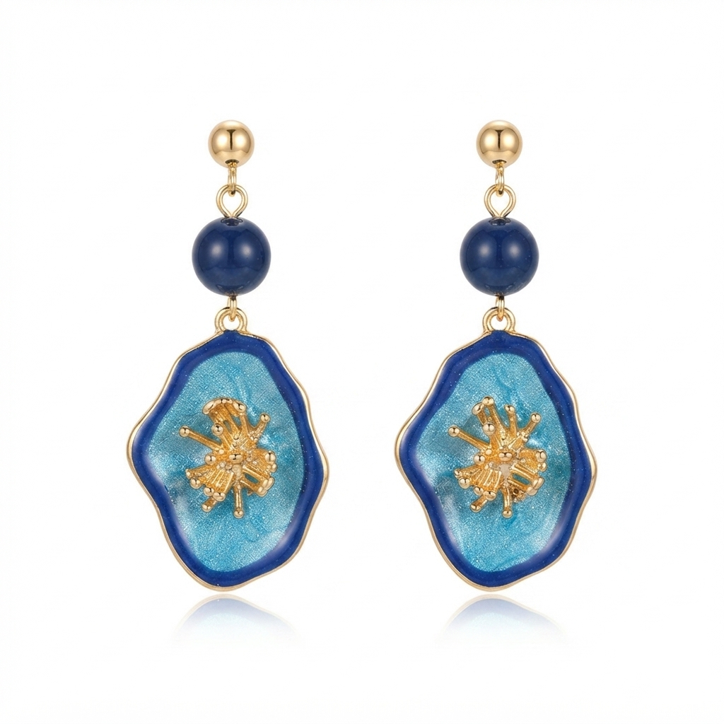 Artisan Marine-Inspired Dangle Earrings – Shimmering Enamel Pendants with Deep Blue Beads