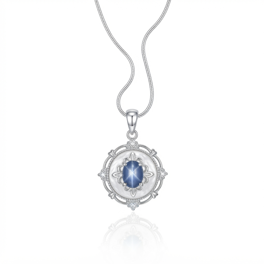 Vintage-Inspired Sterling Silver Oval Blue Star Sapphire and Mother of Pearl Locket Pendant Necklace