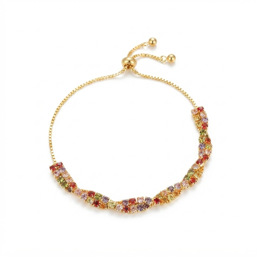 Exquisite Multi-Colored Gemstone Bolo Bracelet in Gold-Tone – Adjustable & Stackable